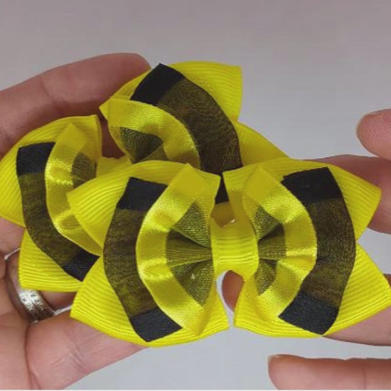 Yellow and Black Organza Hair Bows on Alligator Clips – Grosgrain & Organza Ribbon, Unique Design