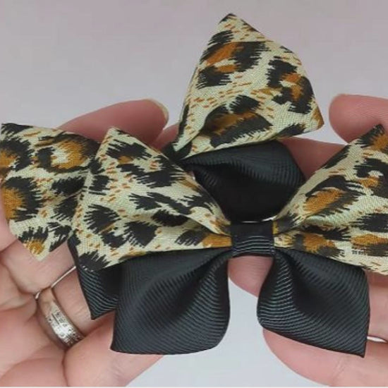 Black Leopard Print Hair Bows on Alligator Clips – Grosgrain Ribbon & Fabric, Unique Design