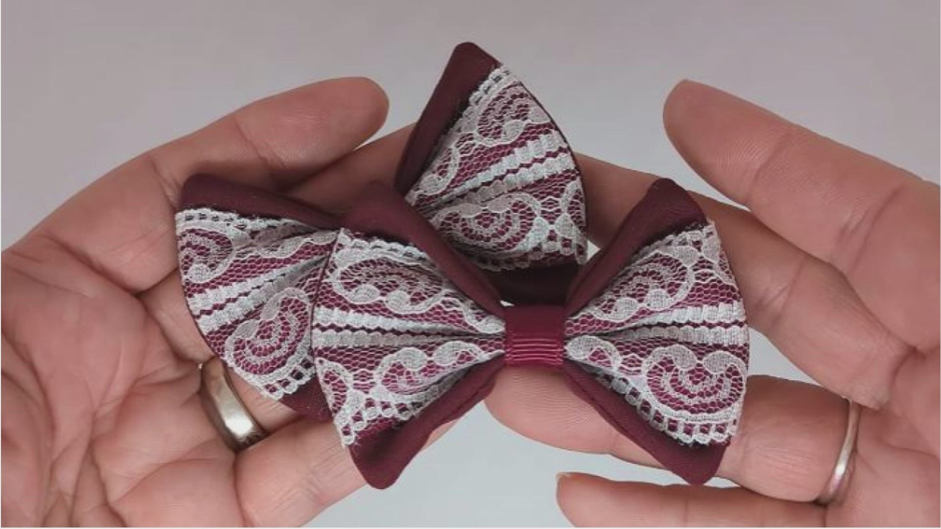 Burgundy and White Lace Hair Bows on Alligator Clips – One-of-a-Kind, Ready for Fast Postage