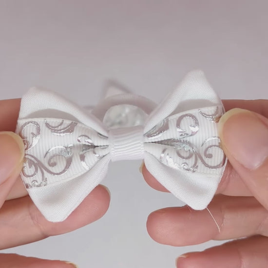 White and Silver Novelty Design Hair Bows on Soft Polyester Bobbles – Cotton Fabric & Grosgrain Ribbon