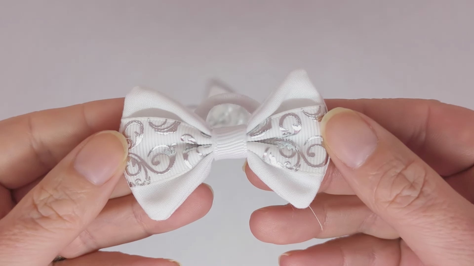 White and Silver Novelty Design Hair Bows on Soft Polyester Bobbles – Cotton Fabric & Grosgrain Ribbon