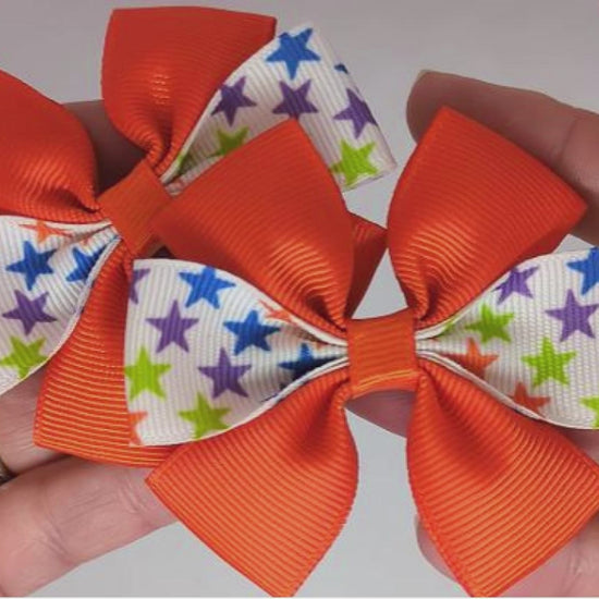 Orange and Colourful Stars Design Hair Bows on Alligator Clips – Grosgrain Ribbon, One-of-a-Kind