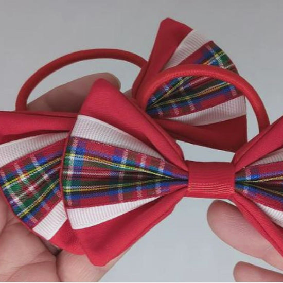 Red Royal Stewart Tartan Hair Bows on Thick Bobbles – Cotton Fabric & Tartan Ribbon