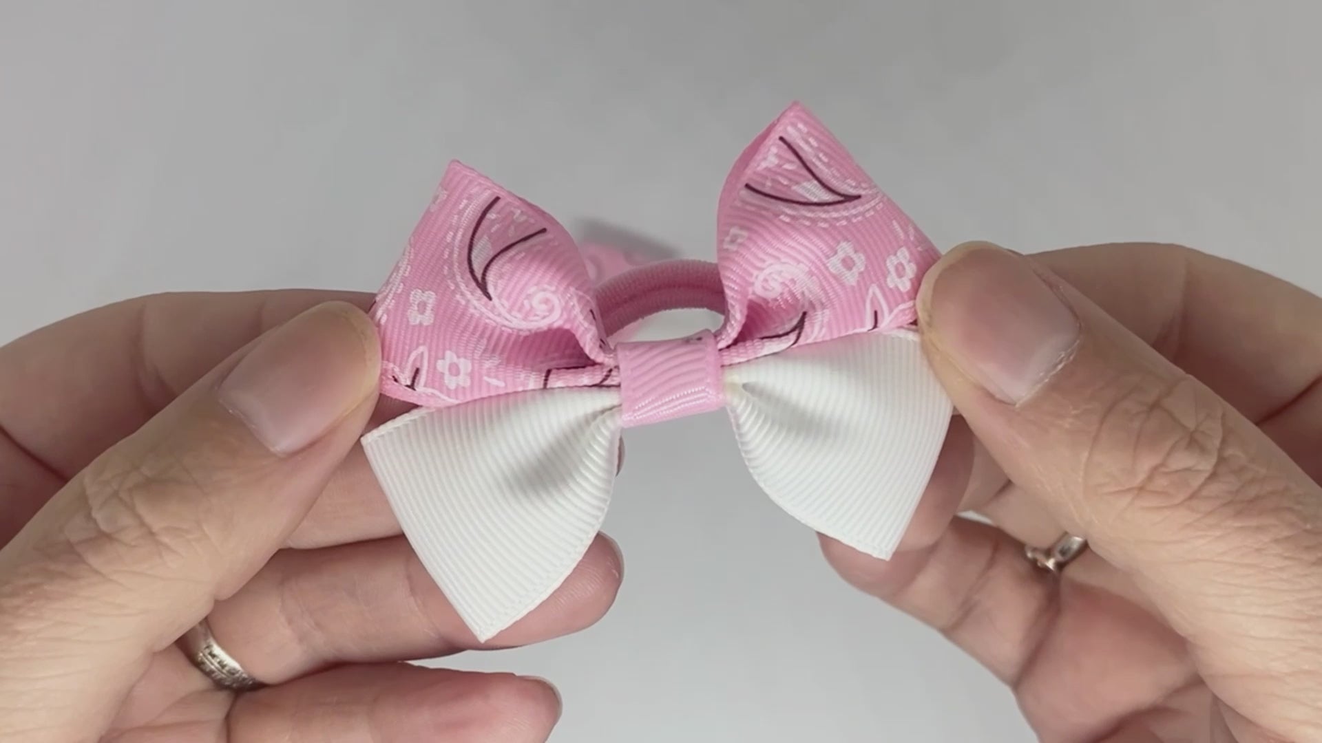 Baby Pink and White Paisley Design Hair Bows on Soft Bobbles – Perfect for Delicate Hair