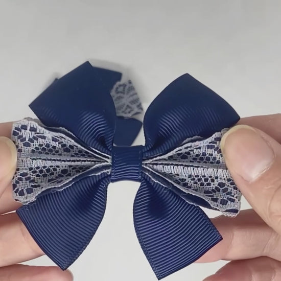 Navy Blue and Grey Lace Hair Bows on Alligator Clips – Grosgrain & Lace Ribbon, One-of-a-Kind