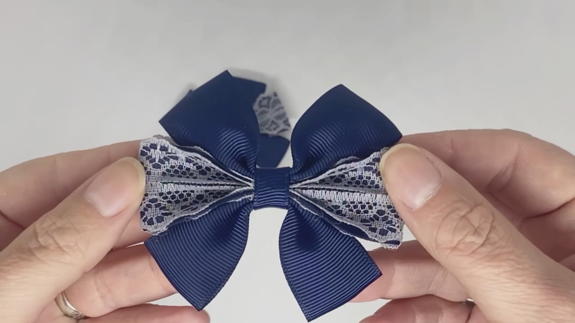 Navy Blue and Grey Lace Hair Bows on Alligator Clips – Grosgrain & Lace Ribbon, One-of-a-Kind