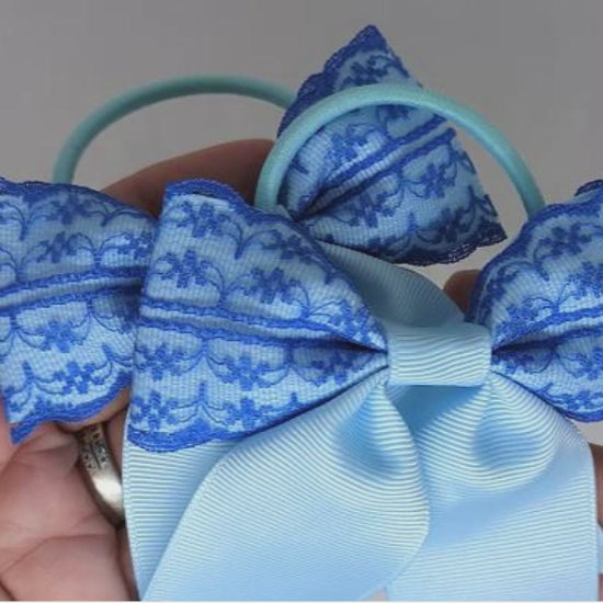 Baby Blue and Royal Blue Lace Hair Bows on Thick Bobbles – Grosgrain & Lace, One-of-a-Kind