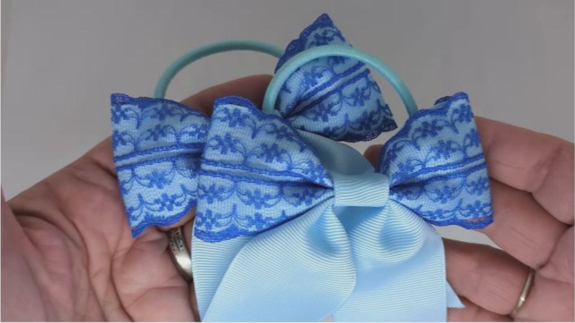 Baby Blue and Royal Blue Lace Hair Bows on Thick Bobbles – Grosgrain & Lace, One-of-a-Kind