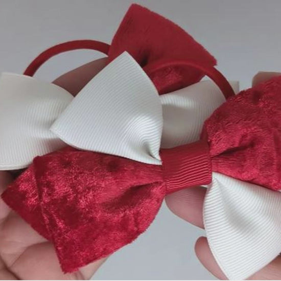 Red and White Velvet Hair Bows on Thick Bobbles – Grosgrain & Velvet Ribbon