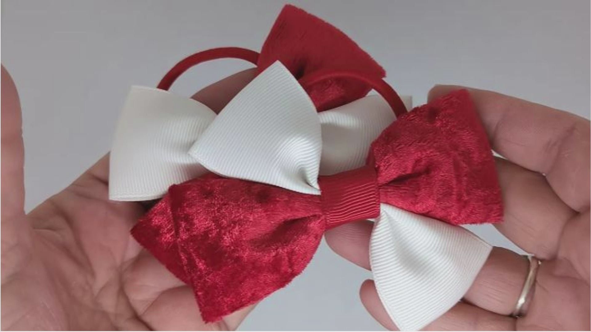 Red and White Velvet Hair Bows on Thick Bobbles – Grosgrain & Velvet Ribbon