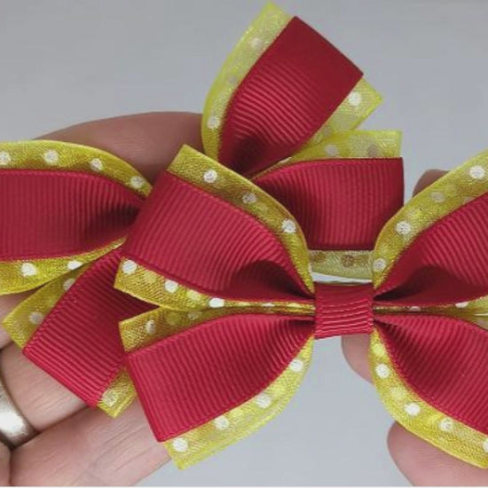 Red and Yellow Polka Dot Hair Bows on Alligator Clips – Grosgrain & Organza Ribbon, One-of-a-Kind