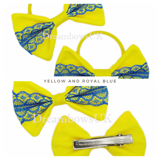 Yellow and Royal Blue Hair Bows on Thick Bobbles or Alligator Clips