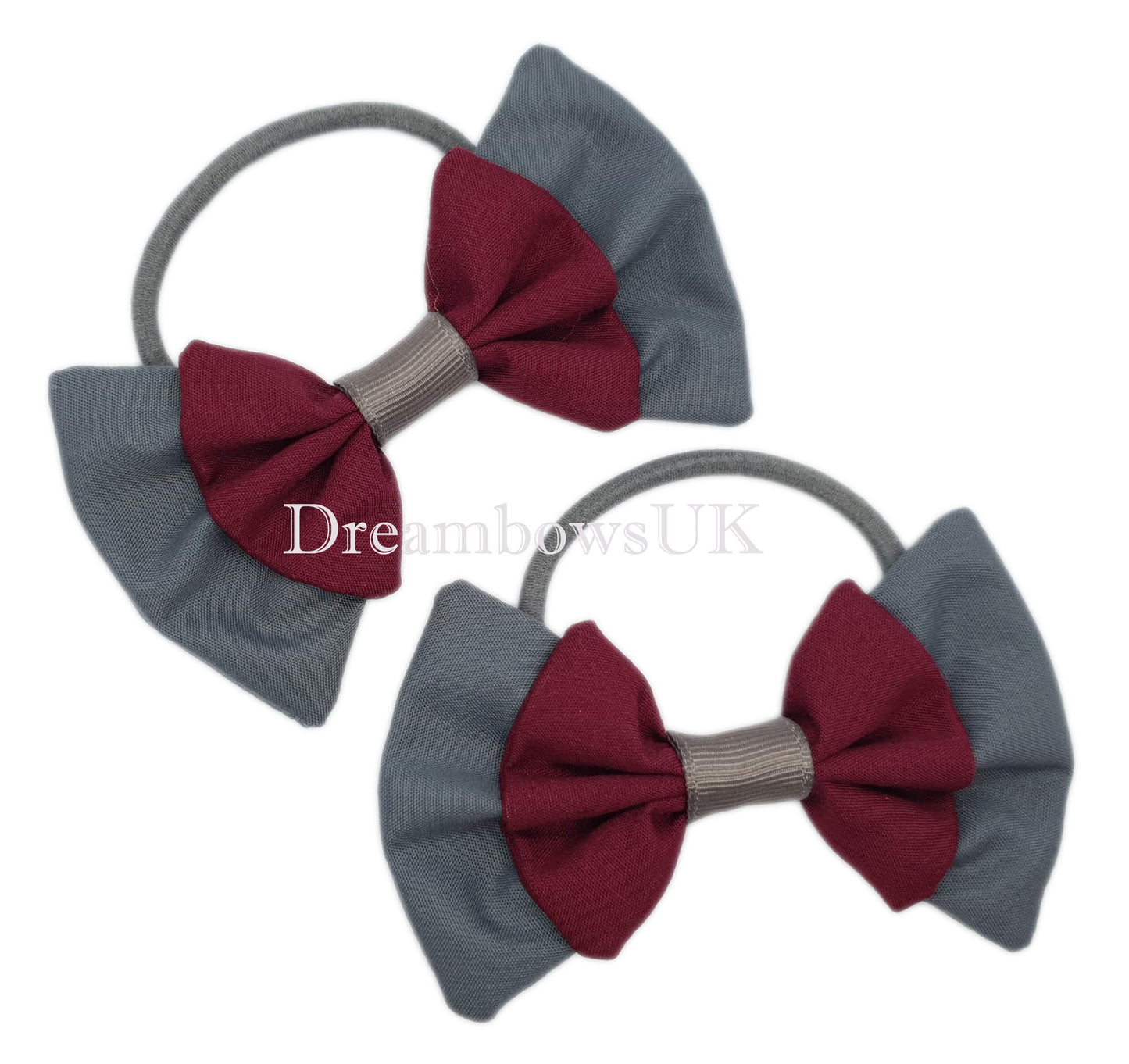 2x Burgundy and grey fabric hair bows