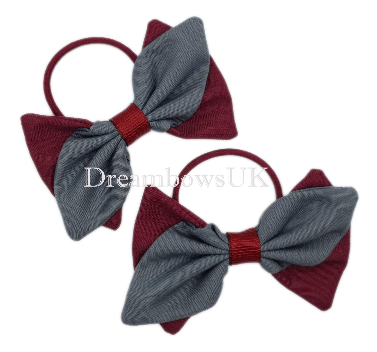 2x Burgundy and grey fabric hair bows